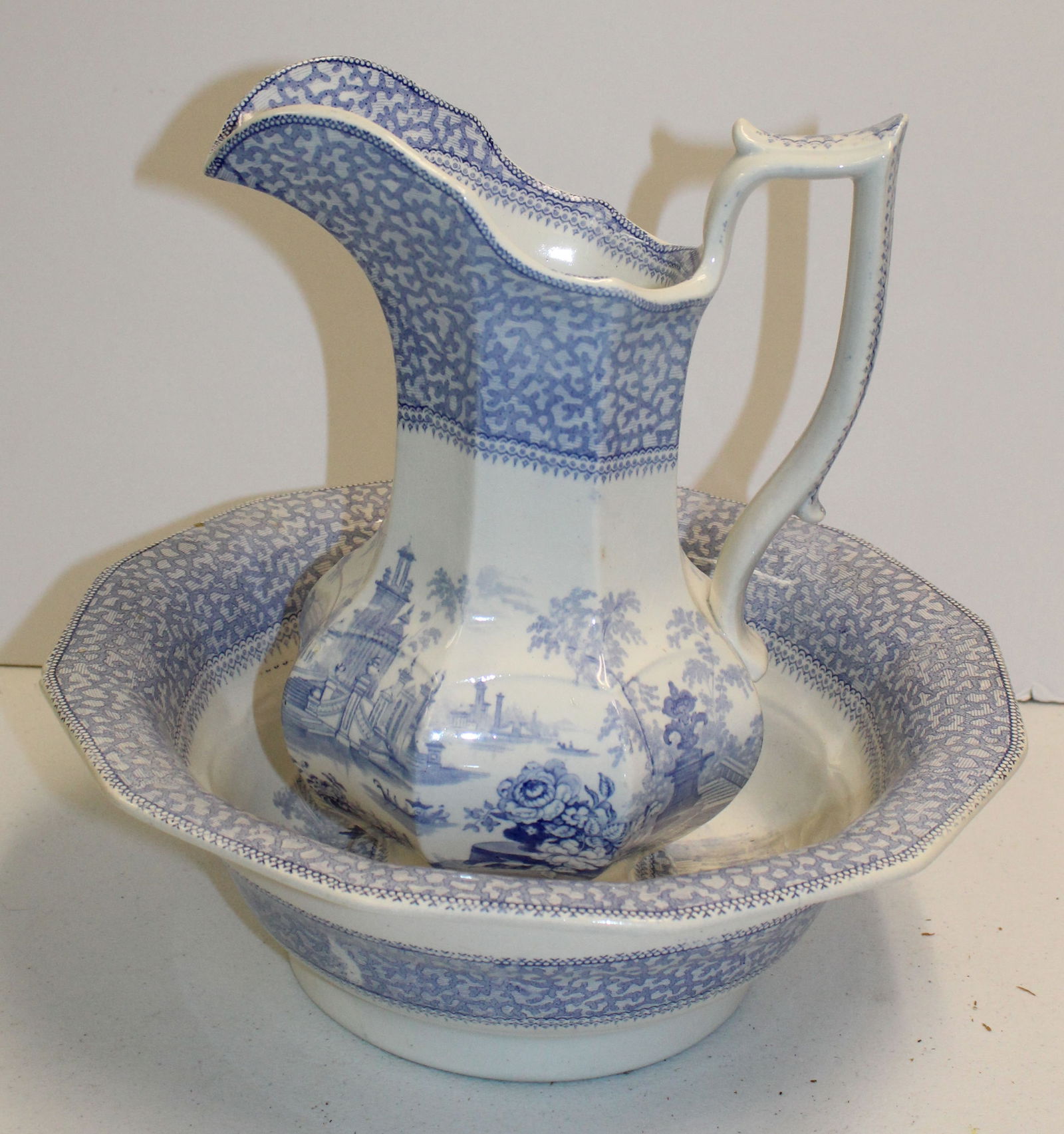 Antique English Transferware Bowl & Pitcher set; Longport Ironstone  "Marina" pattern - 12" tall (1 of 8)