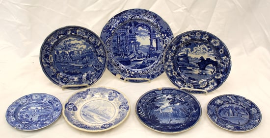 Lot of 7 Staffordshire Historical blue & white plates - 6 1/2" - 10" diam