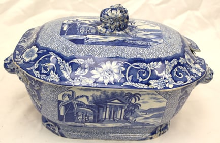 Large Antique Staffordshire Transferware Tureen, Scenic Views of Classical Temples in an exotic