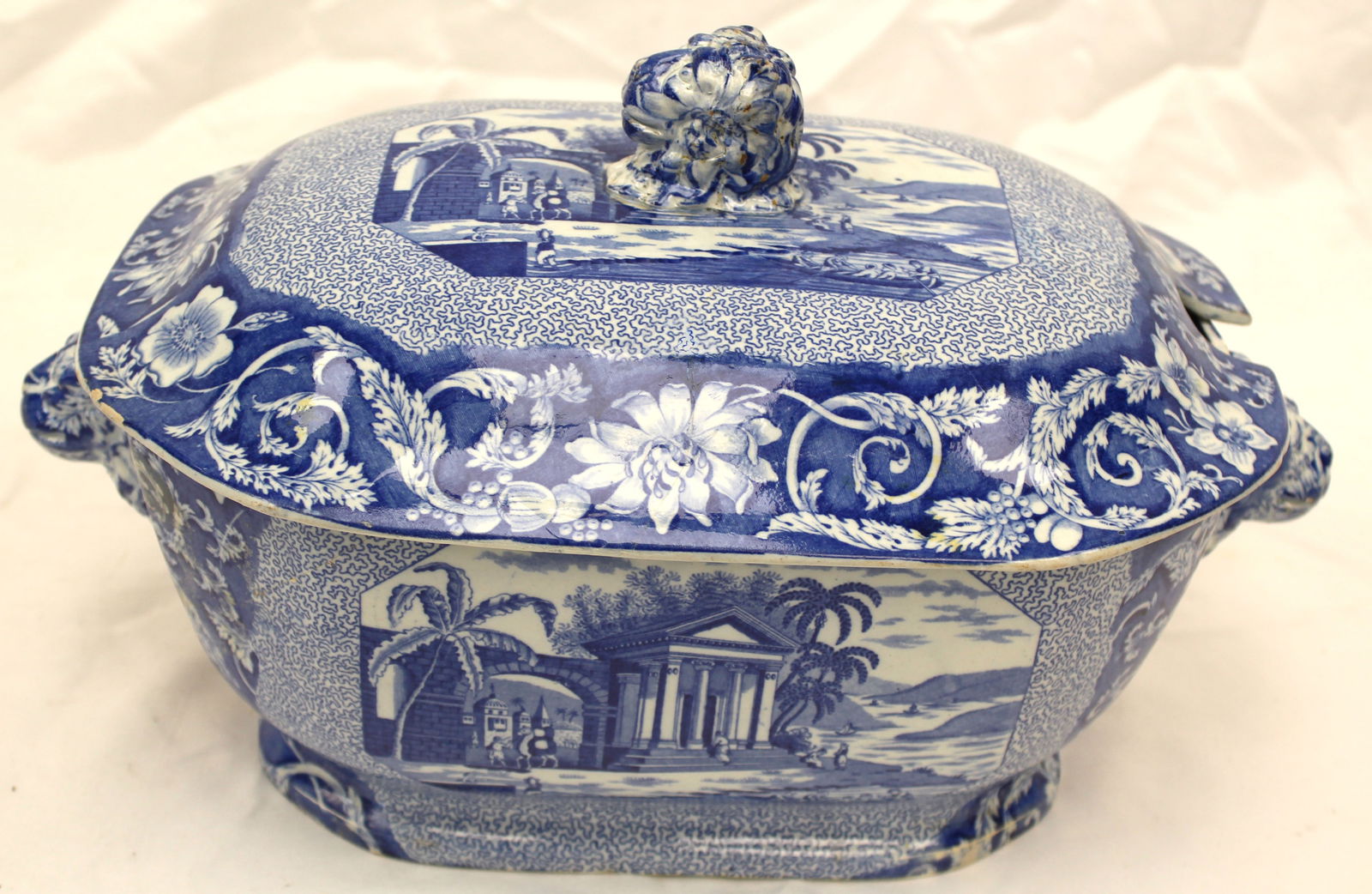 Large Antique Staffordshire Transferware Tureen, Scenic Views of Classical Temples in an exotic (1 of 8)