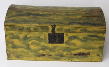 Antique green & mustard paint decorated dometop chest - 13" tall x 25 1/2" wide x 14" deep
