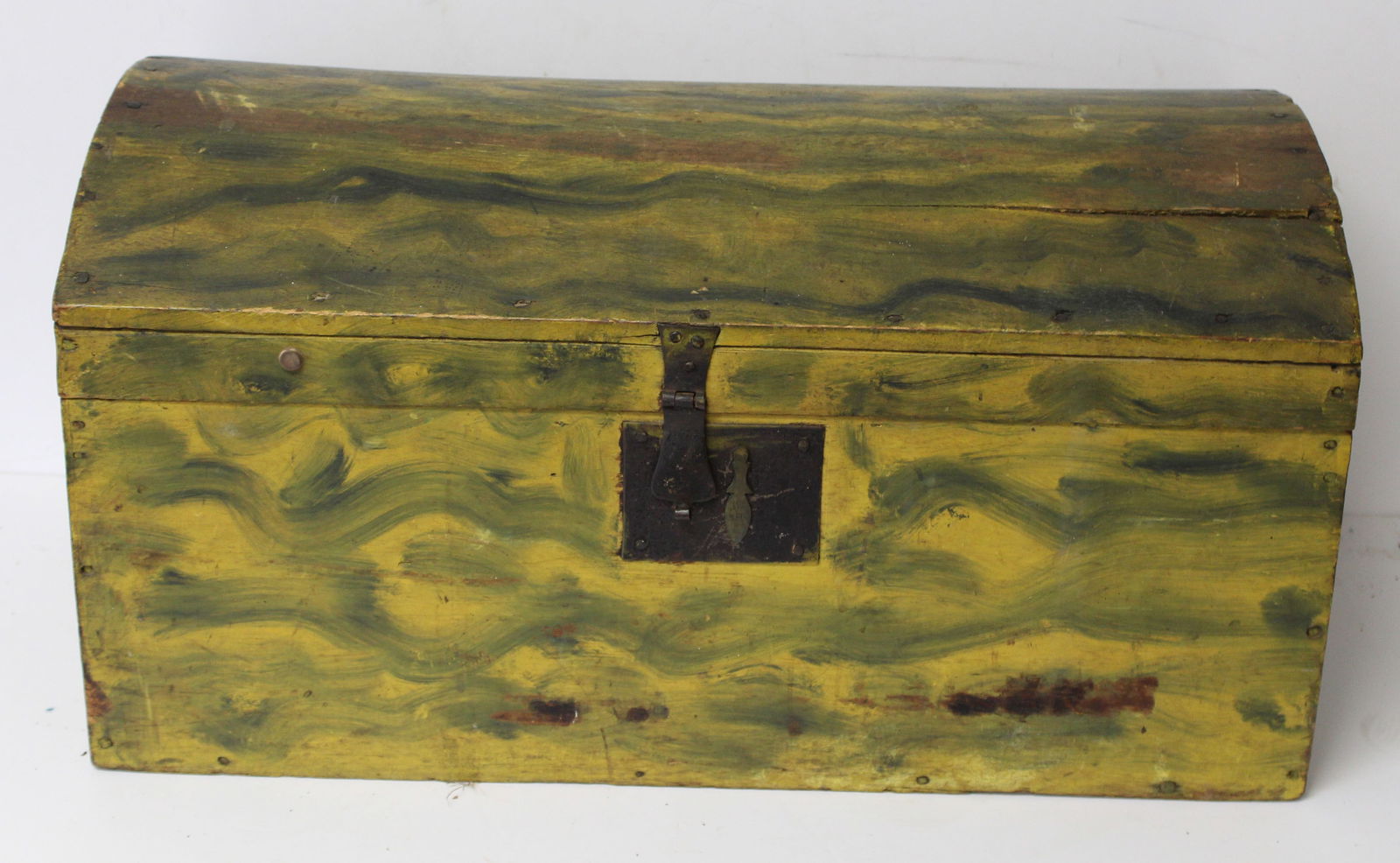 Antique green & mustard paint decorated dometop chest - 13" tall x 25 1/2" wide x 14" deep (1 of 6)