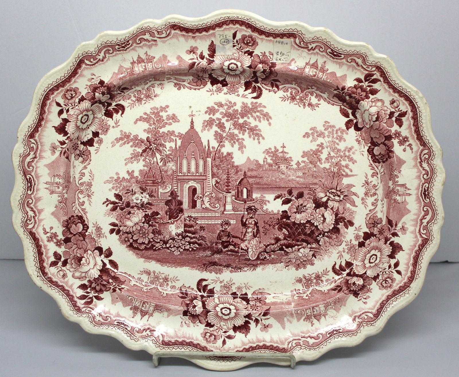 Staffordshire red transferware platter w Indian Scenic  decoration & floral border -  13"x15 1/2" (1 of 13)