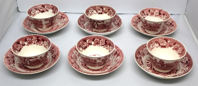 Set of 6 Staffordshire red transferware cups & saucers "Sowers" pattern w scenic floral dec - 6"