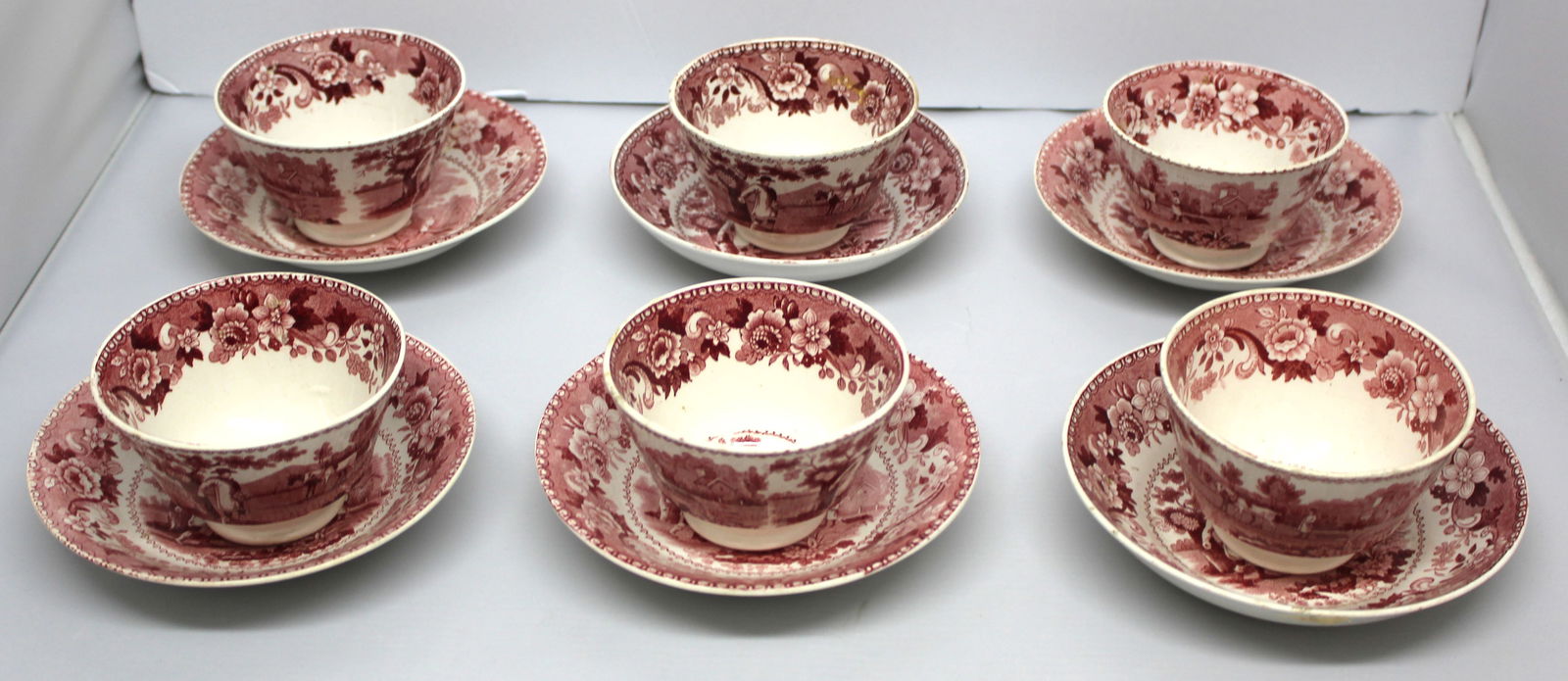 Set of 6 Staffordshire red transferware cups & saucers "Sowers" pattern w scenic floral dec - 6" (1 of 5)