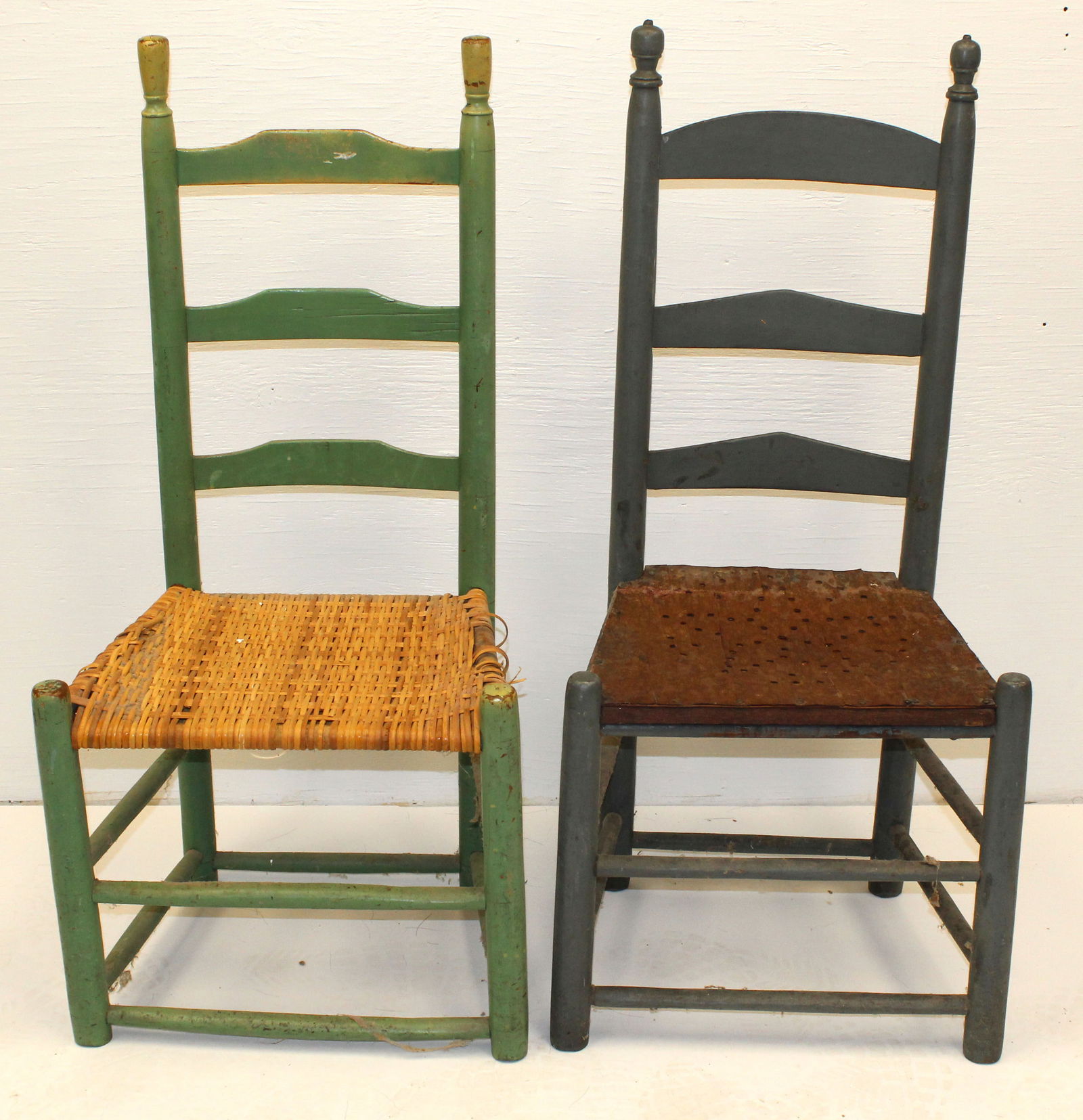 Lot of 2 antique ladderback chairs in green & gray paint - 37" tall x  15" seat height (1 of 9)