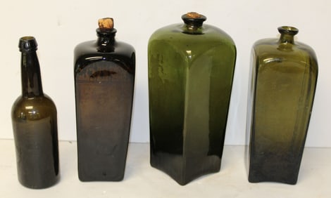 Lot of 4 antique bottles incl 3 gin bottles - 9 1/2"-11"