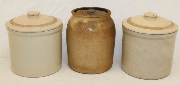 Lot of 3 stoneware jars incl pair w covers - 9" x 6" diam & 7"x9" diam