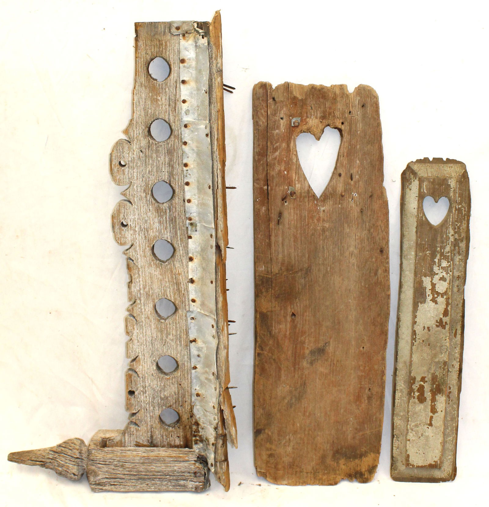 Lot of 3 antique wooden architectural fragments - 2 w heart cut outs - 24"x5"; 29"x9" & 33 1/2"x16" (1 of 9)