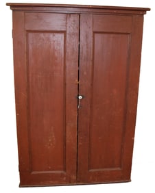 Antique 2 door cupboard w shelved interior in red paint - 70" tall x 49" wide x 11 1/2" deep
