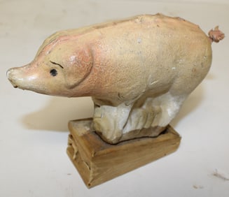 Antique papier mache pig squeak toy - as found - squeaker not working - 5" tall x 6" wide