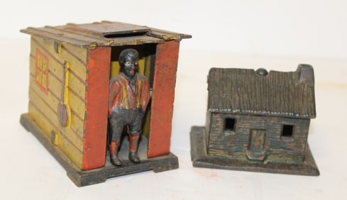 Lot of 2 antique cast iron banks - 3 1/2"x3" & 2 1/2"x3"