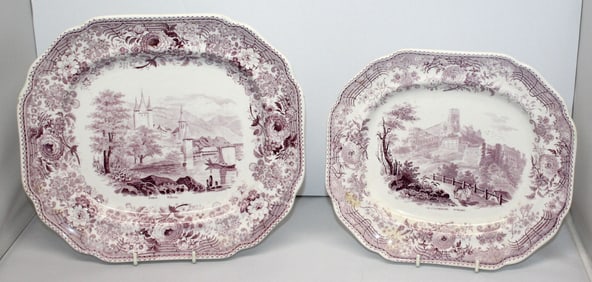 Lot of 2 Staffordshire lavender transferware small platters w scenic decorations - 8 1/2"x9 3/4" &
