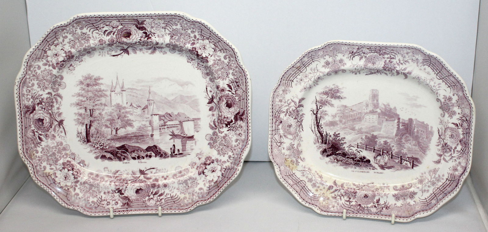 Lot of 2 Staffordshire lavender transferware small platters w scenic decorations - 8 1/2"x9 3/4" & (1 of 9)