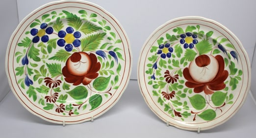 Lot of 2 Stick Spatter plates w floral dec - 1 marked "Woods" - 9" & 10" diam