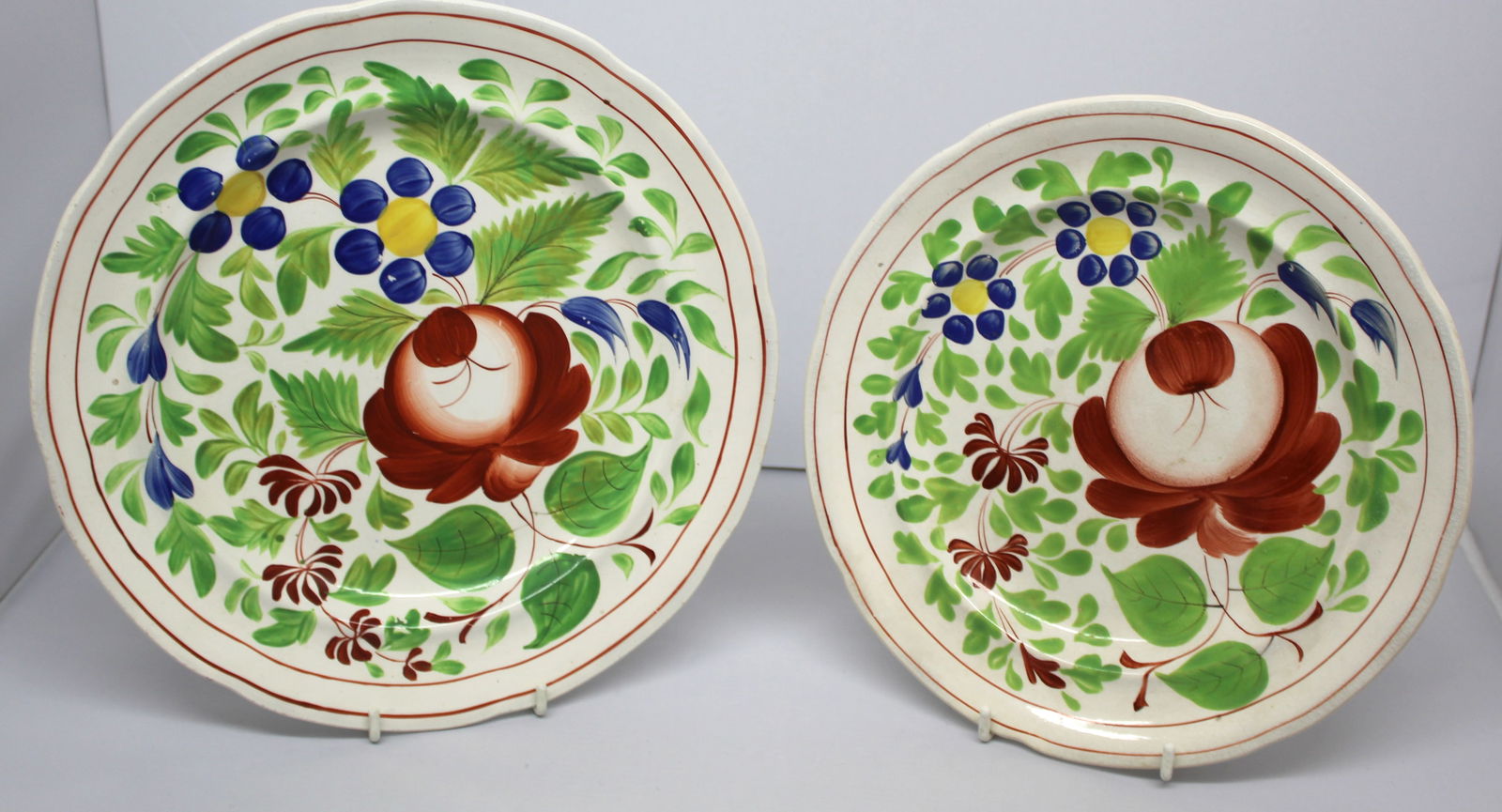 Lot of 2 Stick Spatter plates w floral dec - 1 marked "Woods" - 9" & 10" diam (1 of 5)