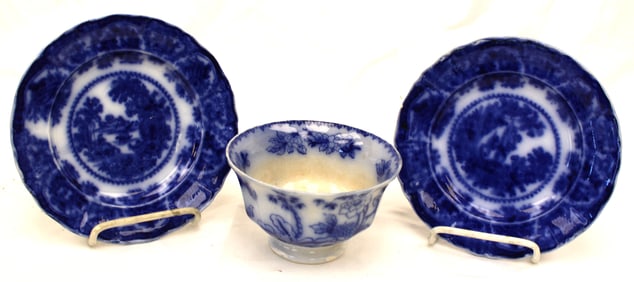 Lot of 3 pieces of Flow Blue incl 2 saucers & a cup