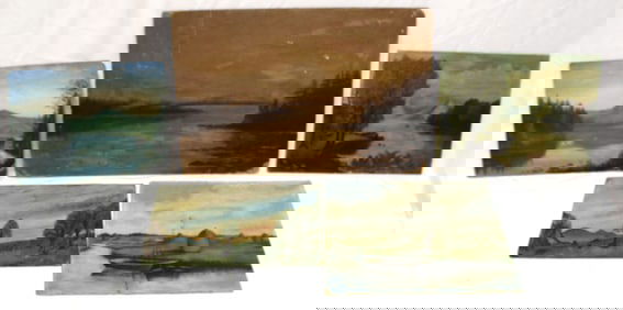 Lot of 5 unframed scenic o/bd paintings - smallest 7 1/2"x12" - largest 12 1/2"x19"