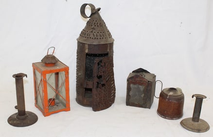 Vintage/Antique lighting lot incl lanterns & candlesticks - 4 1/2" - 16 1/2" tall