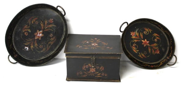 Lot of 3 toleware items incl 2 trays & a box - 12 1/2", 14 1/2" wide trays & box is 6"x10"x7"