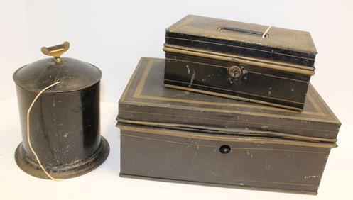Lot of 3 toleware items incl 2 document boxes & a string holder - 7 1/2" tall x 5 1/2" diam string