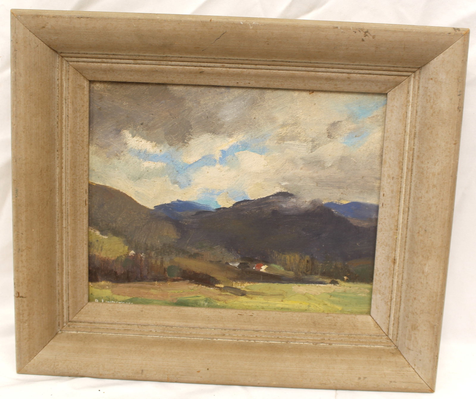 Signed R Lindstrom o/bd landscape w mountains & countryside - overall framed size 11 1/2"x13 1/2": Signed R Lindstrom o/bd landscape w mountains & countryside - overall framed size 11 1/2"x13 1/2"