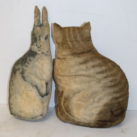 Lot of 2 antique cloth stuffed animals - bunny & cat - as found - 14" & 13" tall