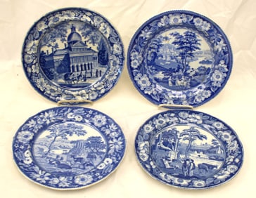 Lot of 4 Staffordshire blue & white plates w floral borders - 10" diam