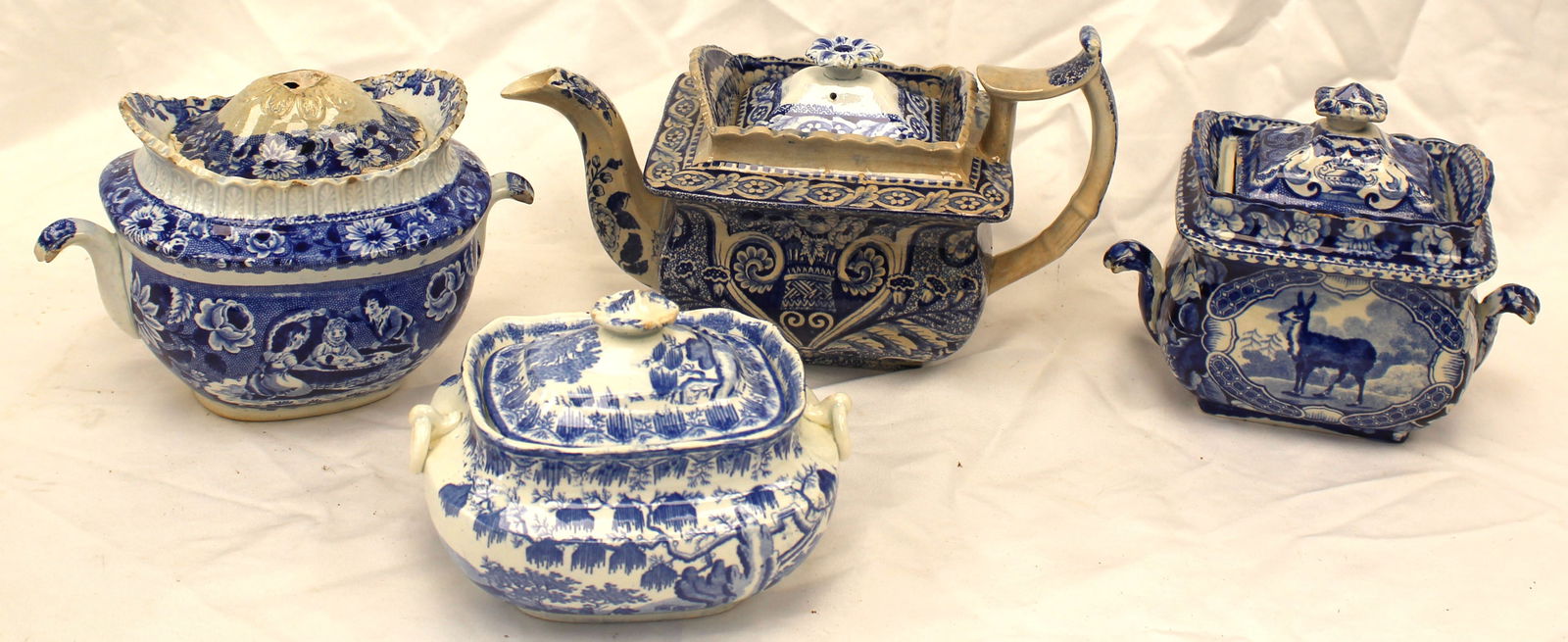 Lot of Staffordshire blue & white transferware incl teapot & 3 sugars - smallest 5" tall x 6" - (1 of 15)