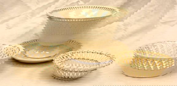 Vintage Creamware/Wedgwood lot incl Creamware Reticulated oval Open Basket, stamped in base "