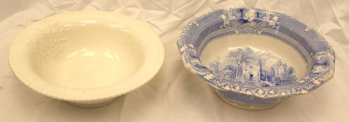 Lot of 2 antique wash basins (no pitchers) incl 19th C English Transferware Wash Basin with