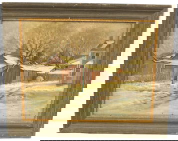 Signed W.H. Bancroft o/bd winter farm scene  - overall framed size - overall framed size 18"x23"