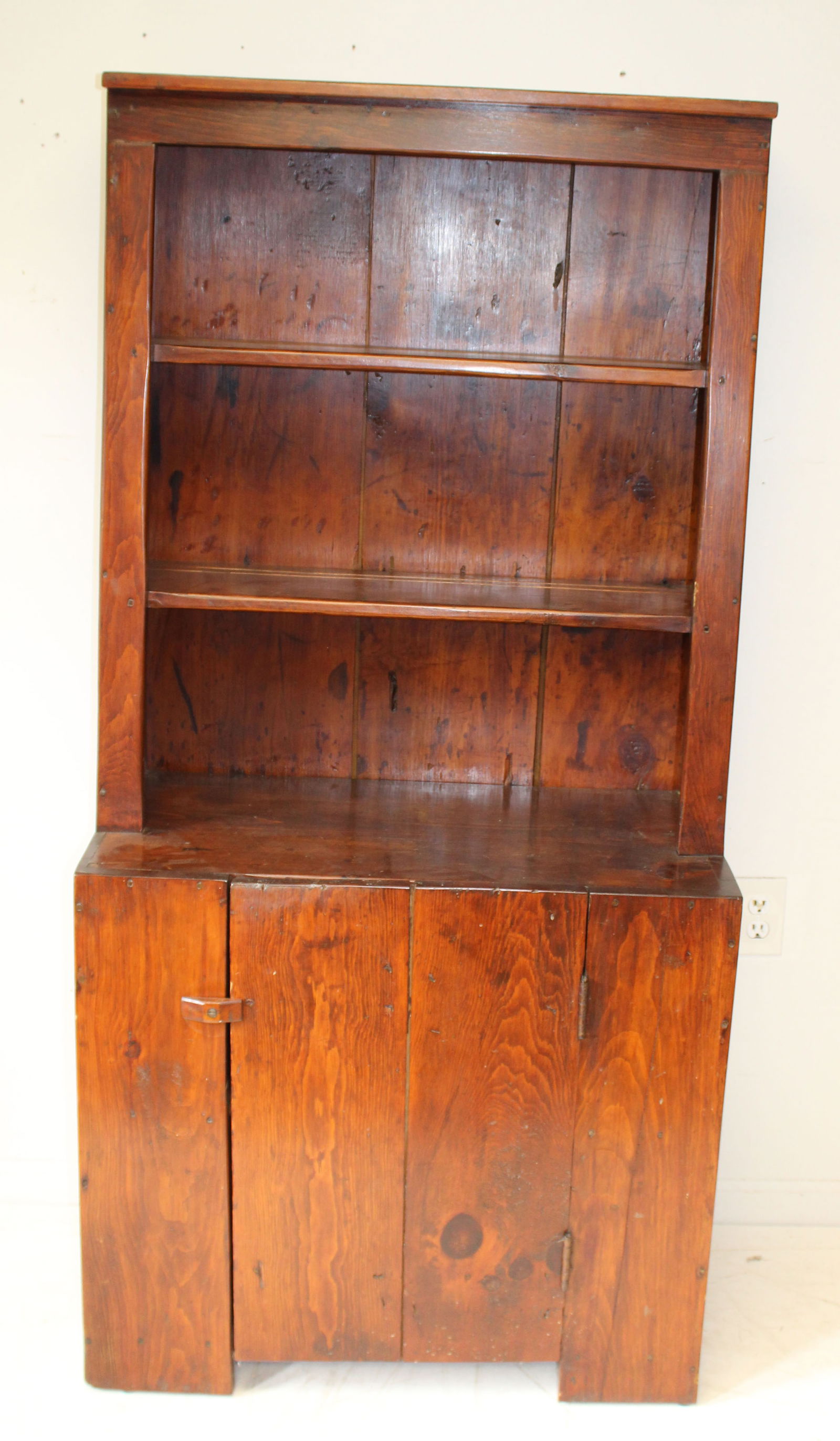 Antique canted stepback cupboard w open 3 shelf top over 1 cupboard door - 65" tall x 32"x18" (1 of 6)