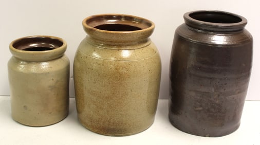 Lot of 3 antique stoneware jars - 7", 9" & 10" tall
