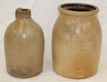 Lot of 2 antique stoneware items incl jar & jug - 9 1/2" & 10" tall