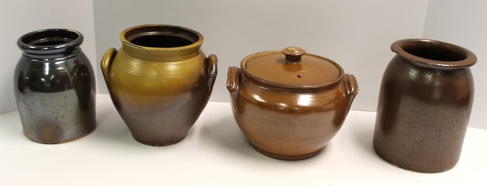 Lot of 4 antique stoneware items incl covered bean pot & 3 jars - smallest is 5 1/2" x 7" diam