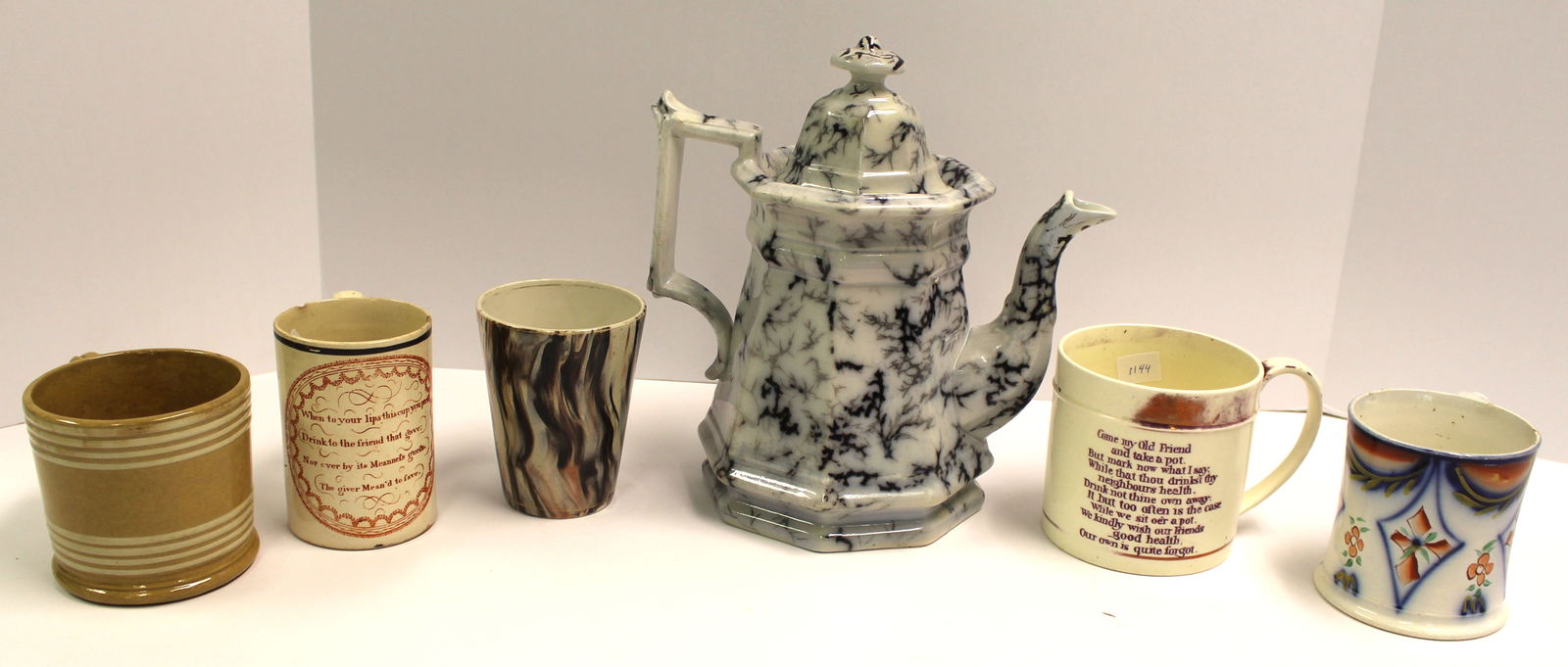 Antique English Ironstone Teapot w Marbleized Transferware pattern, possibly Minton together w 5 (1 of 9)