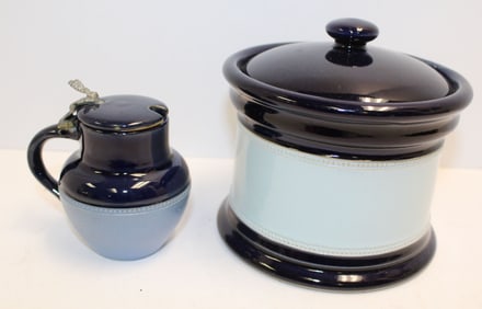 Lot of 2 Vintage Stoneware items - Humidor / covered Jar with 2 color blue banded glaze, English,  "