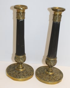 Pair of 19th C French Empire Candlestick in cast & stamped Brass, Charles X style - 10" tall