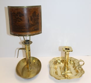 Lot of 2 antique Brass Chambersticks incl 1 with Georgian style stamped brass tral, finger loop and