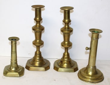 Lot of 4 antique brass candlesticks incl a pr & 2 push ups - 6"-10 1/4" tall