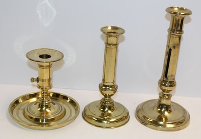 Lot of 3 antique brass candlesticks incl a chamberstick - 5 1/2" - 9 1/2" tall