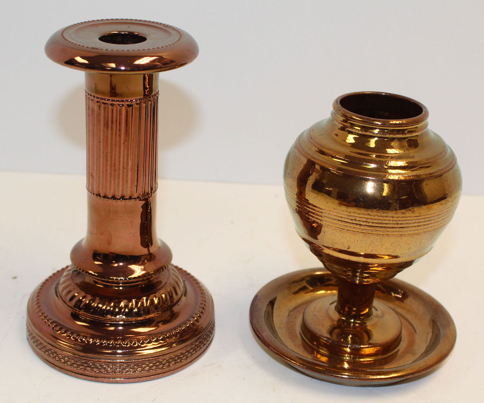 Lot of 2 pieces antique copper luster incl French Faience Sarreguemines candlestick & English lamp (1 of 5)