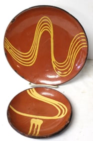 Lot of 2 contemporary redware slip dec plates - 6 3/4" & 10" diam