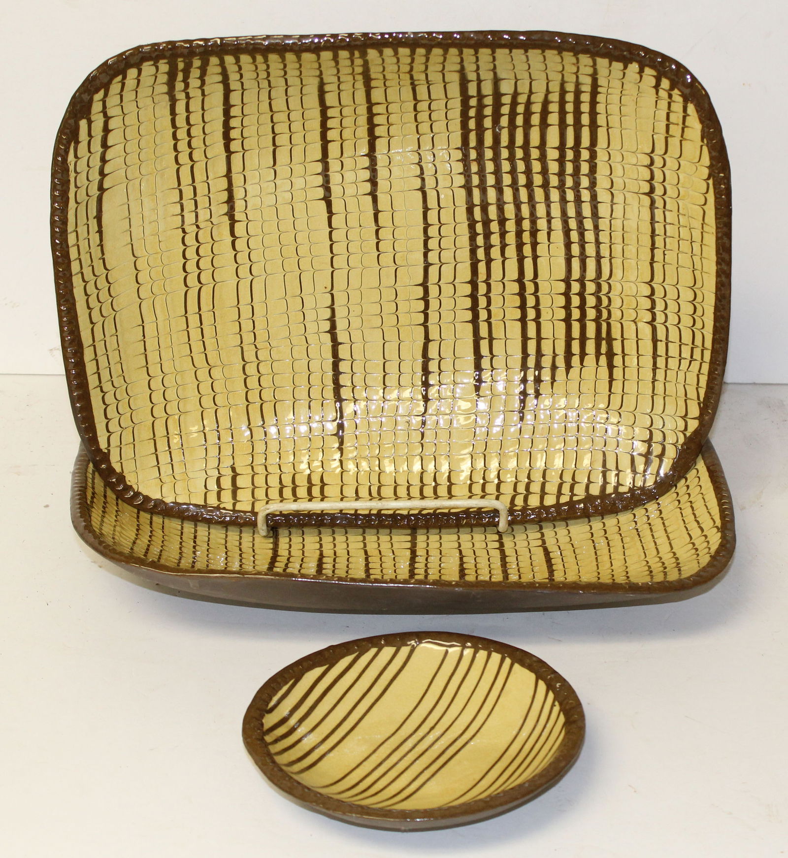 Lot of 4 contemporary redware pieces w yellow slip glaze incl 2 platters & a small plate - 6 3/4" (1 of 8)