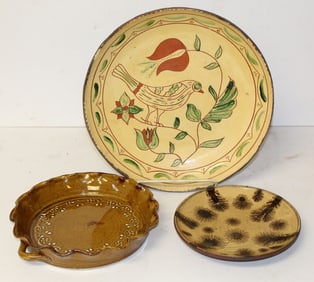 Lot of 3 contemporary stoneware/redware dishes incl floral & bird slip dec from Wisconsin Pottery