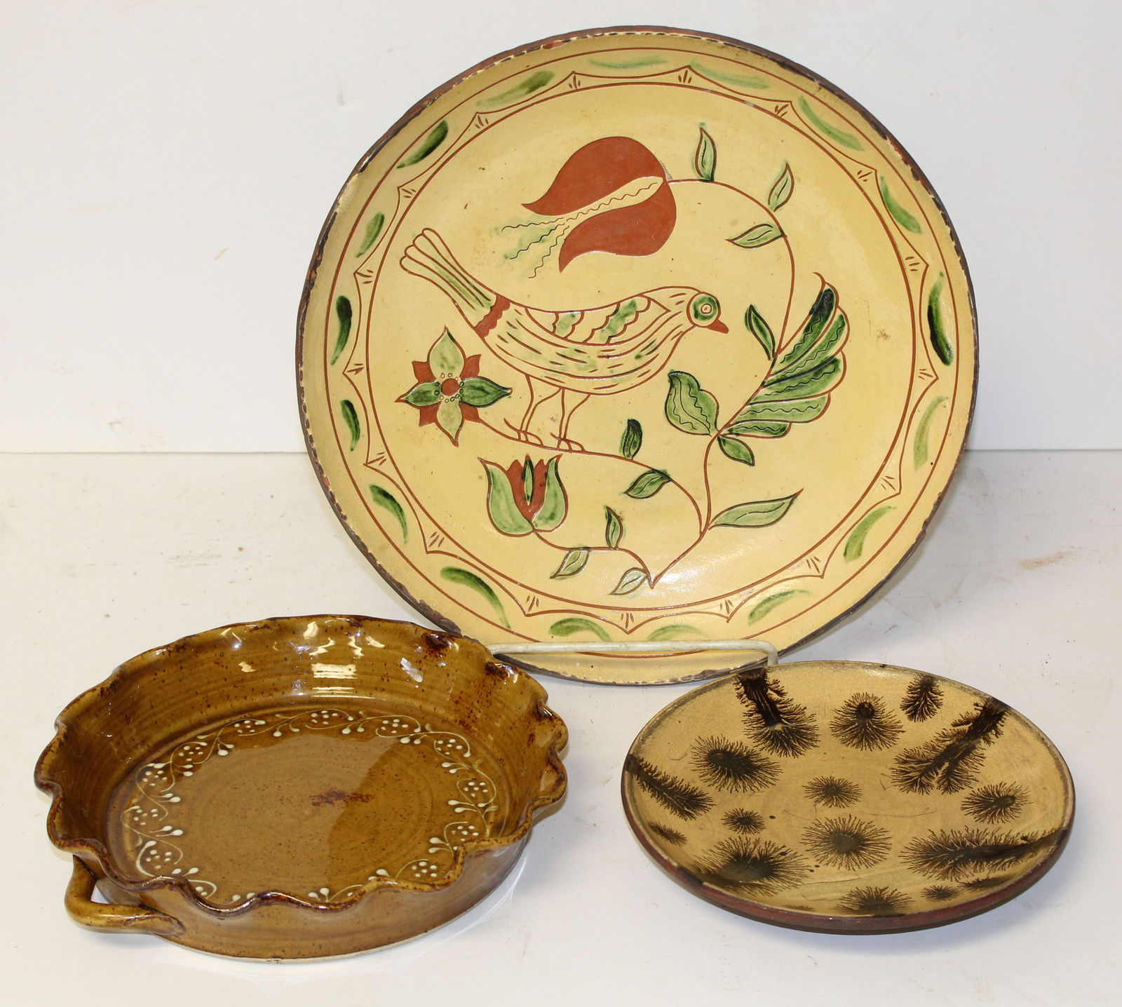 Lot of 3 contemporary stoneware/redware dishes incl floral & bird slip dec from Wisconsin Pottery (1 of 9)