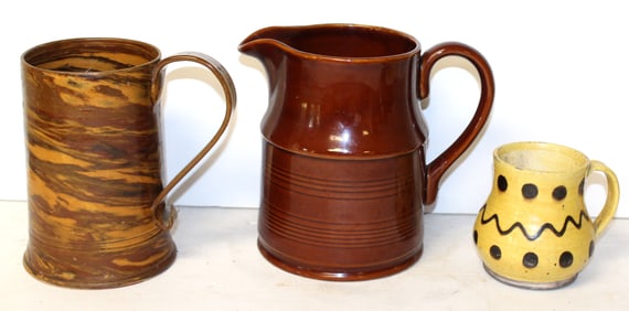 Lot of 3 contemporary redware/earthenware items incl dotware mug signed Greg Schooner, Ragon House