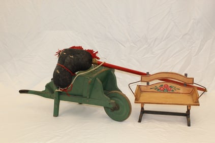 Lot of 3 child/doll related items incl wooden painted wheelbarrow, carriage seat & stick ride em