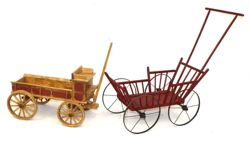 Lot of 2 child/doll size wooden toys incl train wagon on wheels & wooden carriage in red paint -